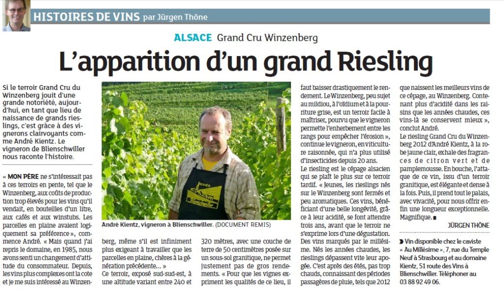 Le Riesling Grand Cru Winzenberg cité dans la presse